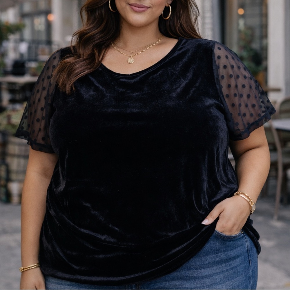 ASOS Black Velvet Tee Mesh Polka Dot Sleeves Women’s 22 Plus Size
